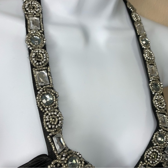 Morgan And Co Black Satin Formal Cocktail Dress Sleeveless Gemstone Small 3 4 - Picture 7 of 12